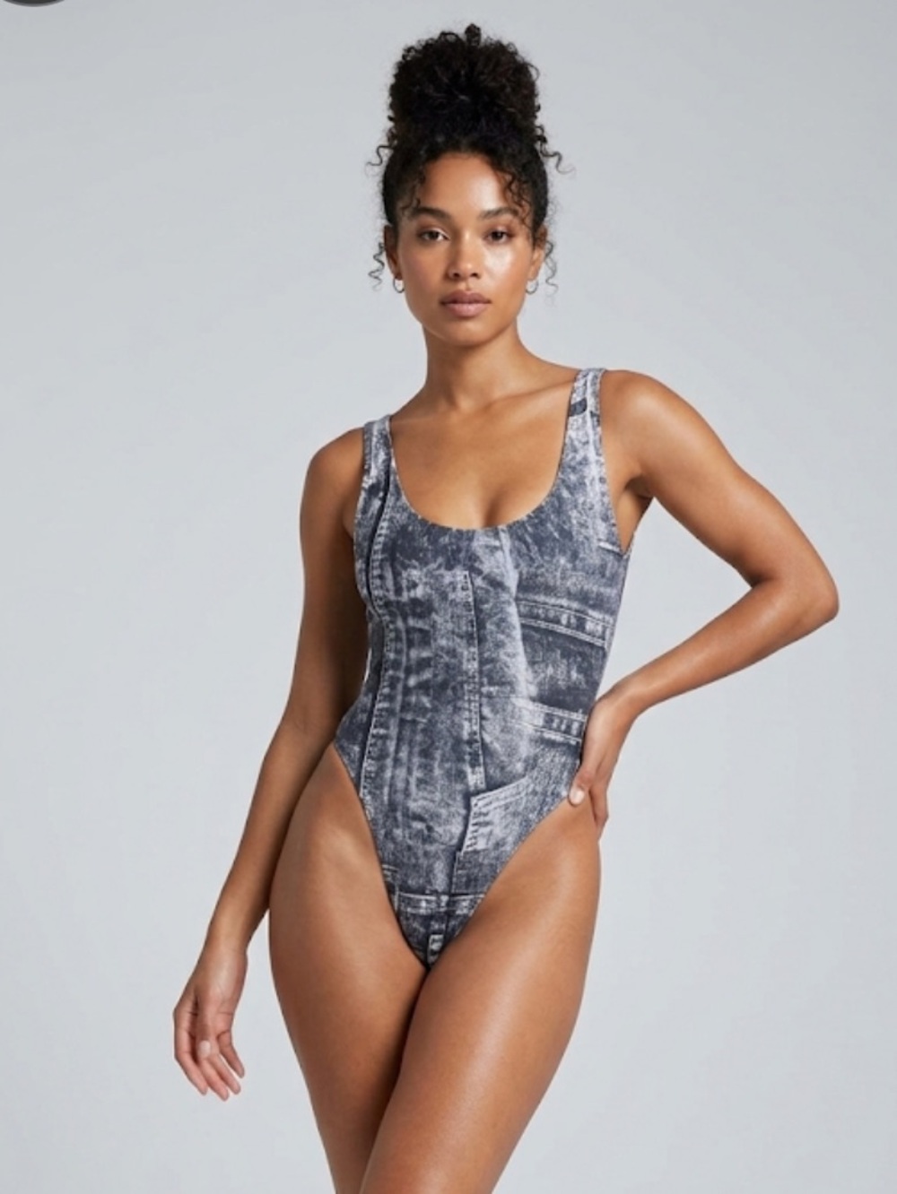 Norma Kamali Marissa One Piece Swimsuit Denim Print Scoop Neck  Grey Tie-Dye XS
